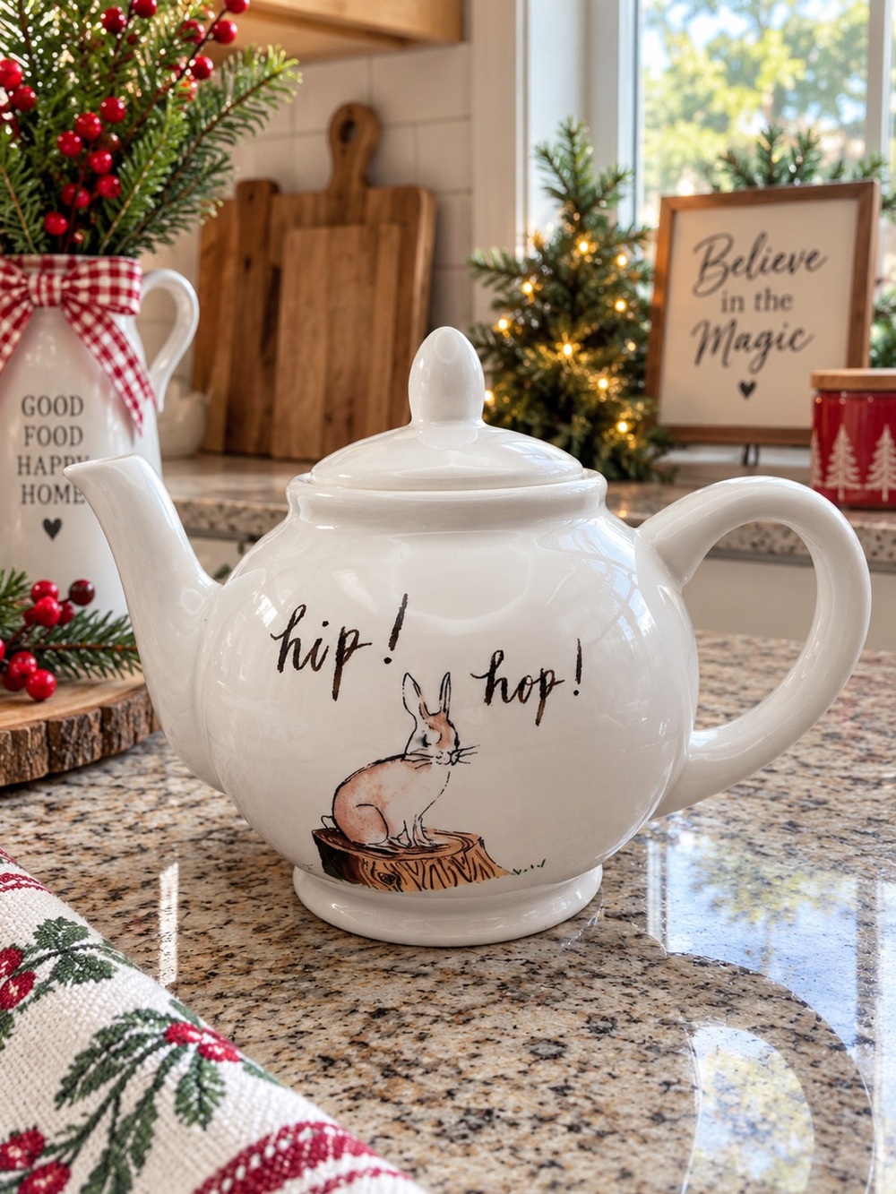 Rae Dunn White Ceramic 'hip! hop!' Bunny Teapot